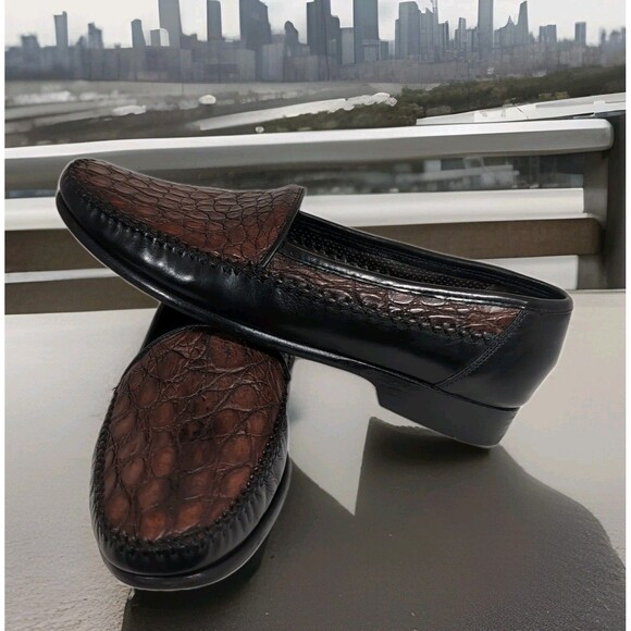 Bragano Cole Haan Men's Size 9 Croc Embossed Brown Italian Leather Loafers - Picture 1 of 8